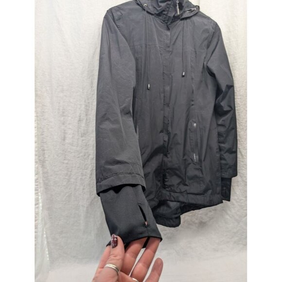 Modetta womens size Medium black geometric rain jacket wind breaker, hood zip T8 - Picture 5 of 14
